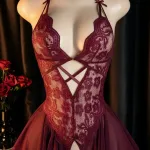 İçgiyimist Bordo Dantel ve Tül Detaylı Derin Dekolteli Seksi Bodysuit IM-02147