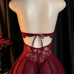 İçgiyimist Bordo Dantel ve Tül Detaylı Derin Dekolteli Seksi Bodysuit IM-02147