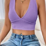 Kalın Sırt Dekolteli Çapraz Askılı Derin V Yaka Kaşkorse Crop Bluz IM-3720