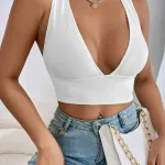 Kalın Sırt Dekolteli Çapraz Askılı Derin V Yaka Kaşkorse Crop Bluz IM-3720