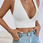 Kalın Sırt Dekolteli Çapraz Askılı Derin V Yaka Kaşkorse Crop Bluz IM-3720