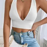 Kalın Sırt Dekolteli Çapraz Askılı Derin V Yaka Kaşkorse Crop Bluz IM-3720