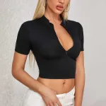 Kadın Siyah Yarım Fermuarlı Crop Top Bluz IM-5062