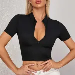 Kadın Siyah Yarım Fermuarlı Crop Top Bluz IM-5062