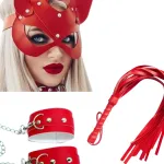 Kırmızı Fantezi Deri Kelepçe Kırbaç Maske Fetiş Seti BC5367