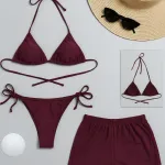 İçgiyimist 3'lü Bordo Şortlu ve Yandan Bağlamalı Bikini Mayo Takımı IM-2940