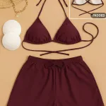 İçgiyimist 3'lü Bordo Şortlu ve Yandan Bağlamalı Bikini Mayo Takımı IM-2940