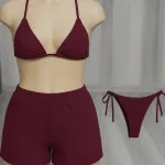 İçgiyimist 3'lü Bordo Şortlu ve Yandan Bağlamalı Bikini Mayo Takımı IM-2940