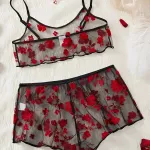 Siyah Fantezi Seksi Transparan Tül Çiçek Desenli Büstiyer Şort Takımı TM1377