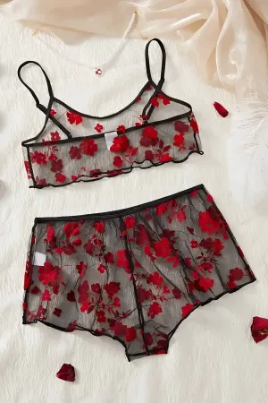 Siyah Fantezi Seksi Transparan Tül Çiçek Desenli Büstiyer Şort Takımı TM1377